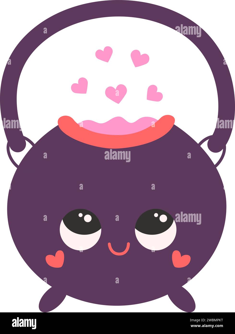 Calderone con pozione d'amore e bolle di cuore in stile kawaii. Illustrazione vettoriale piatta isolata per valentine o tema magico Illustrazione Vettoriale