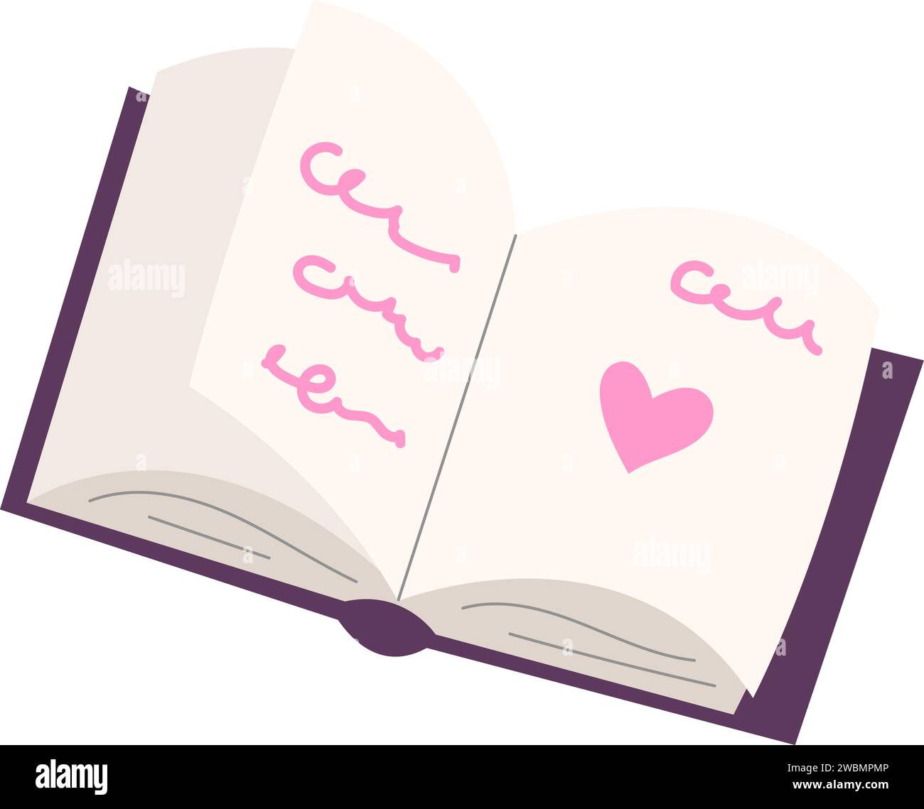 Libro del diario Love con cuore rosa disegnato. Adesivo vettoriale piatto san valentino o tema magico Illustrazione Vettoriale