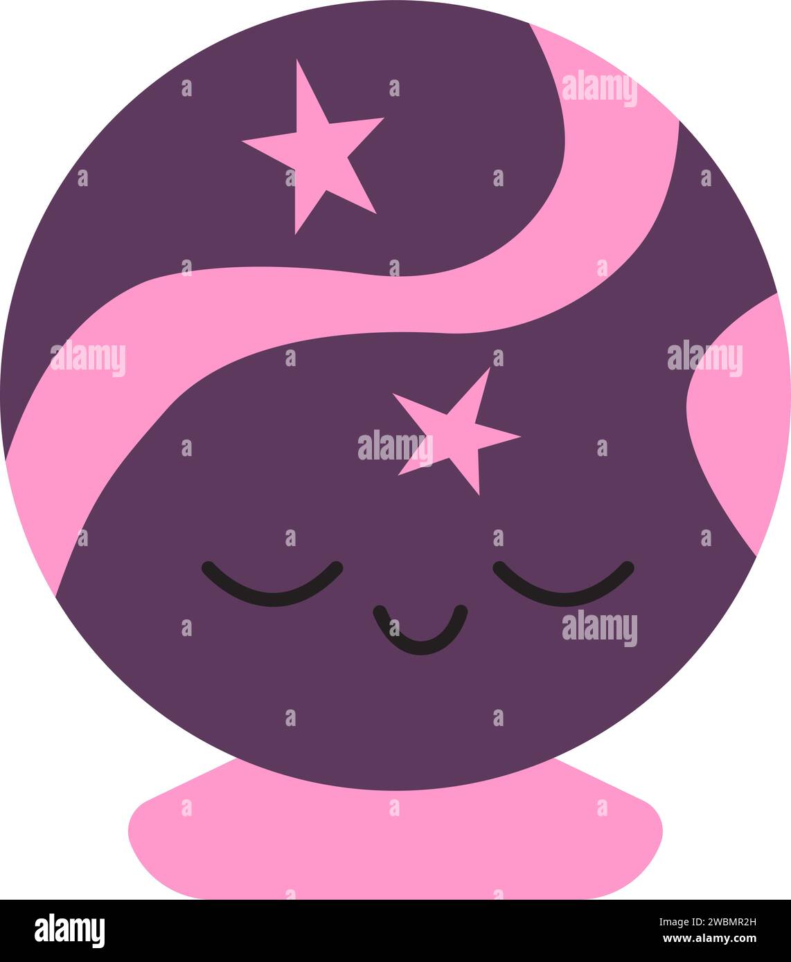 Palla magica in stile kawaii. Simpatico personaggio. Adesivo vettoriale isolato nei colori viola e rosa Illustrazione Vettoriale
