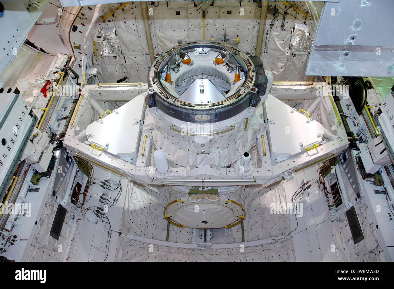 I carichi utili per la missione STS-114 Return to Flight sono trasferiti nel vano di carico della Discovery presso il Launch Pad 39B, tra cui un Control Moment Gyro, TPS test Objective Box, External Stowage Platform 2, MPLM Raffaello, con airlock, Canadarm 2 e Orbiter Boom Sensor System già installati. Finestra di lancio dal 13 al 31 luglio. Foto Stock