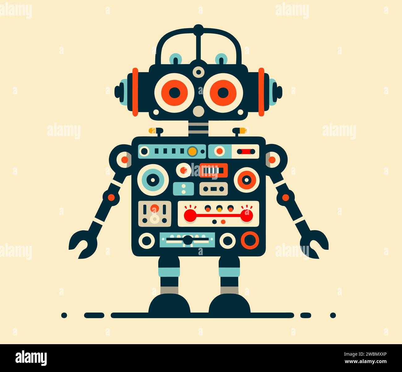 Giocattolo divertente robot rétro analogico isolato su sfondo giallo. Grafica vettoriale piatta Illustrazione Vettoriale