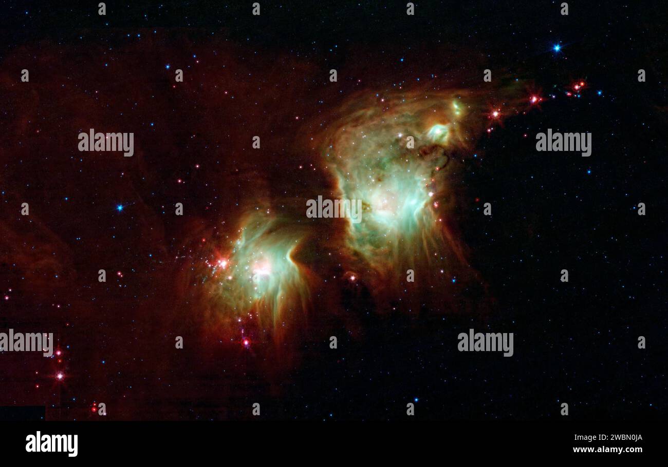 Il telescopio spaziale Spitzer della NASA espone le profondità di questa nebulosa polverosa con la sua visione a infrarossi, mostrando bambini stellari che si perdono dietro le nuvole scure se visti alla luce visibile. Foto Stock