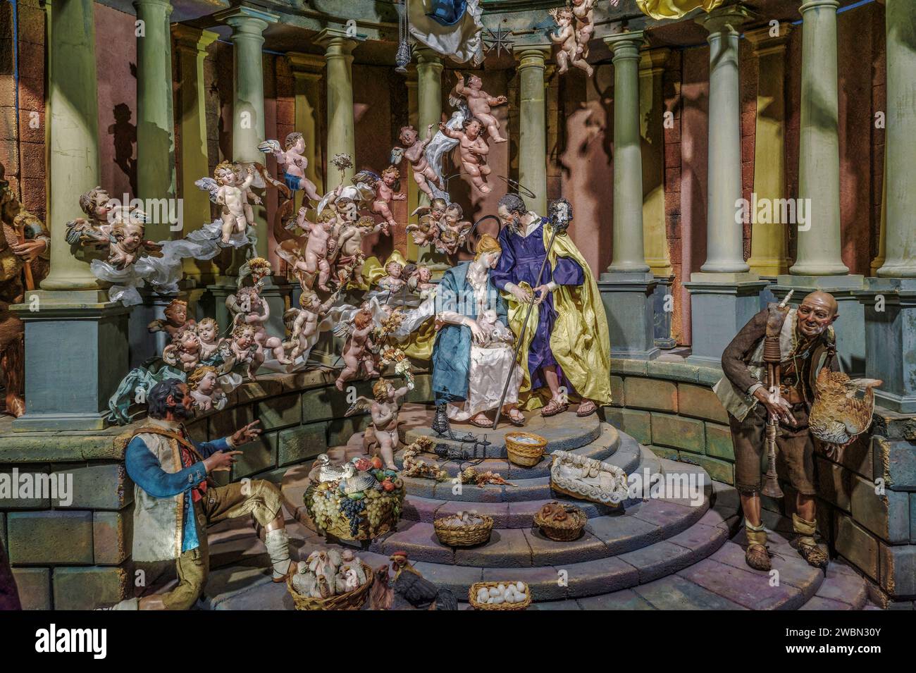 Scene del presepe napoletano del XVIII secolo nell'edificio museale dello scultore Francisco Salzillo nella città di Murcia, Spagna, Europa Foto Stock