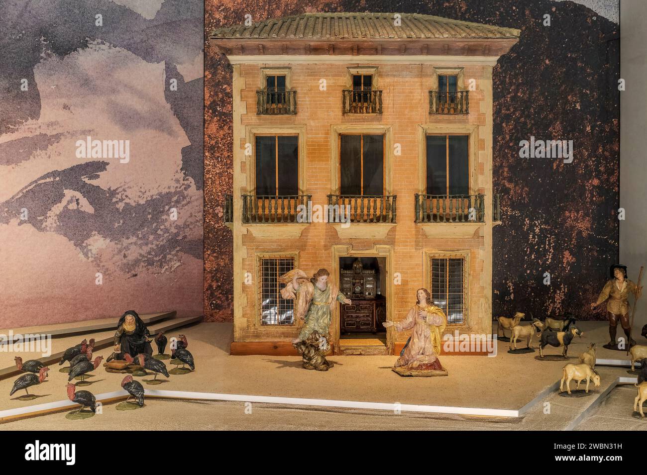 Sala del Presepe di Salzillo, figure in argilla o legno policromo e stufato del XVIII secolo, museo nella città di Murcia, Spagna. Foto Stock