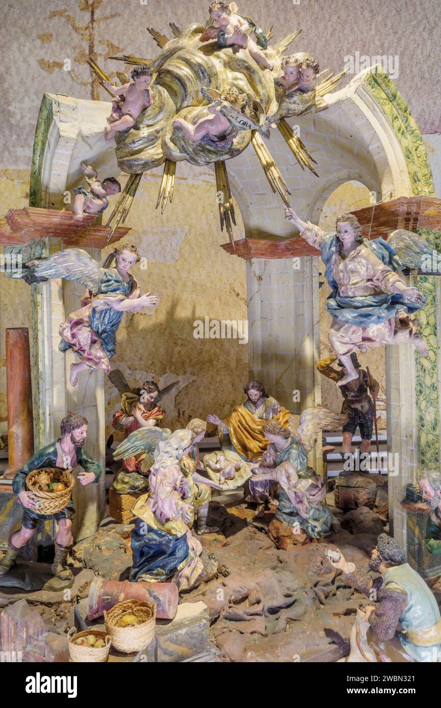 Sala del Presepe di Salzillo, figure in argilla o legno policromo e stufato del XVIII secolo, museo nella città di Murcia, Spagna. Foto Stock