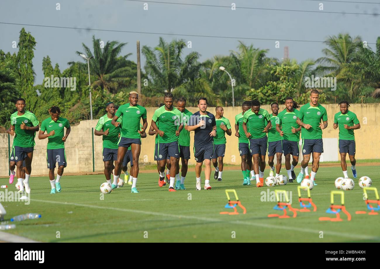 ABIDJAN, COTE D'IVORE - 11 GENNAIO; Nigeria durante l'allenamento nigeriano in preparazione alla partita della Coppa d'Africa contro la Guinea Equatoriale ad e Foto Stock