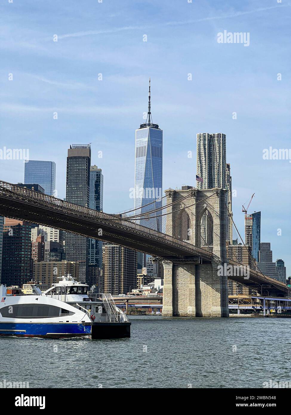 Vista del famoso skyline del centro di New York con la Brooklyn Bridge Tower e il One World Trade Center sullo sfondo Foto Stock