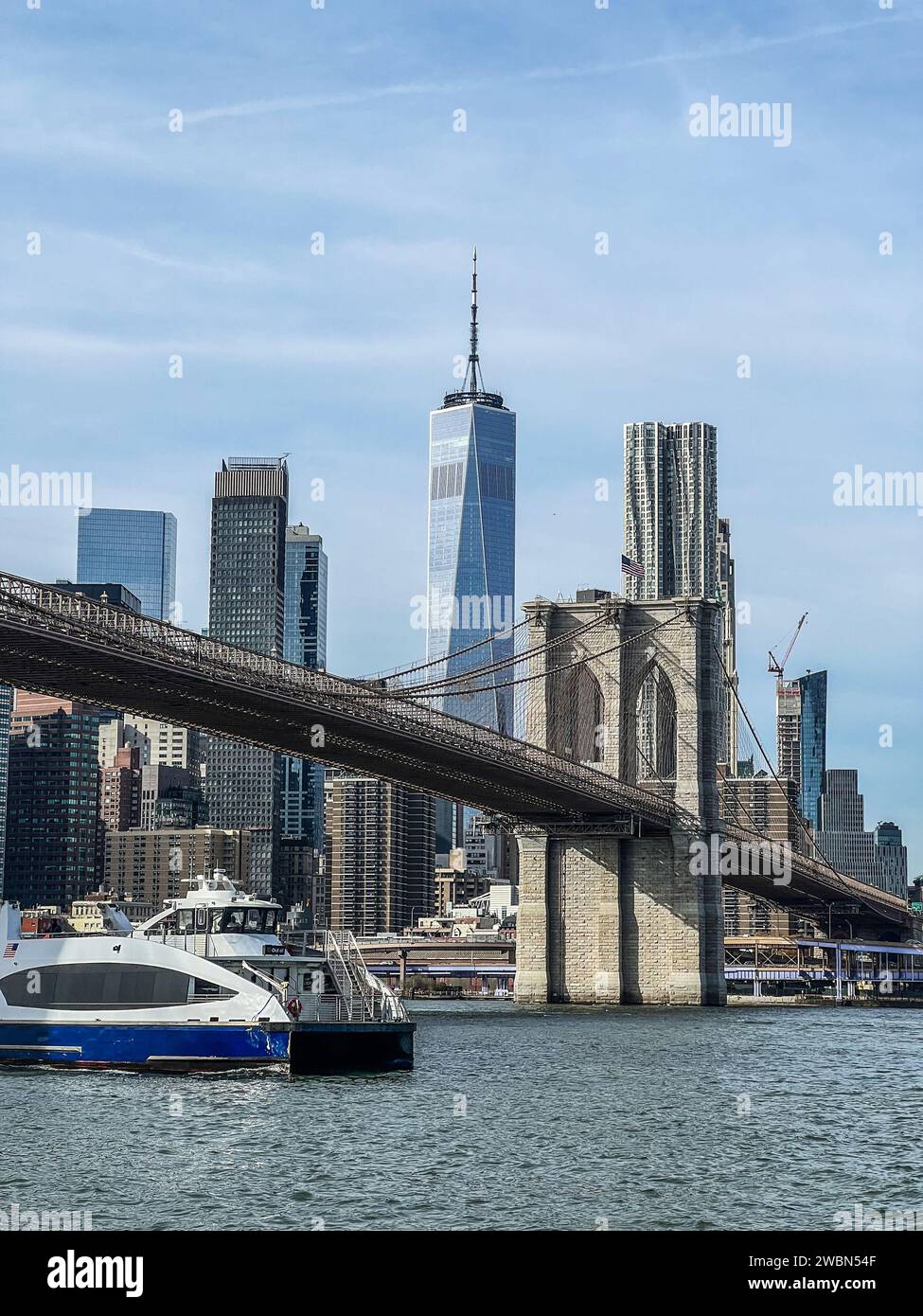 Vista del famoso skyline del centro di New York con la Brooklyn Bridge Tower e il One World Trade Center sullo sfondo Foto Stock