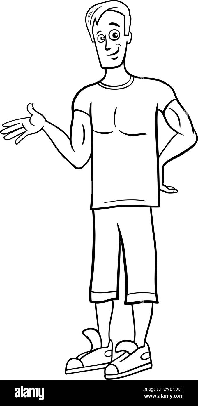 Illustrazione a fumetti di un giovane uomo ben costruito con una pagina di colorazione dei personaggi dei fumetti Illustrazione Vettoriale