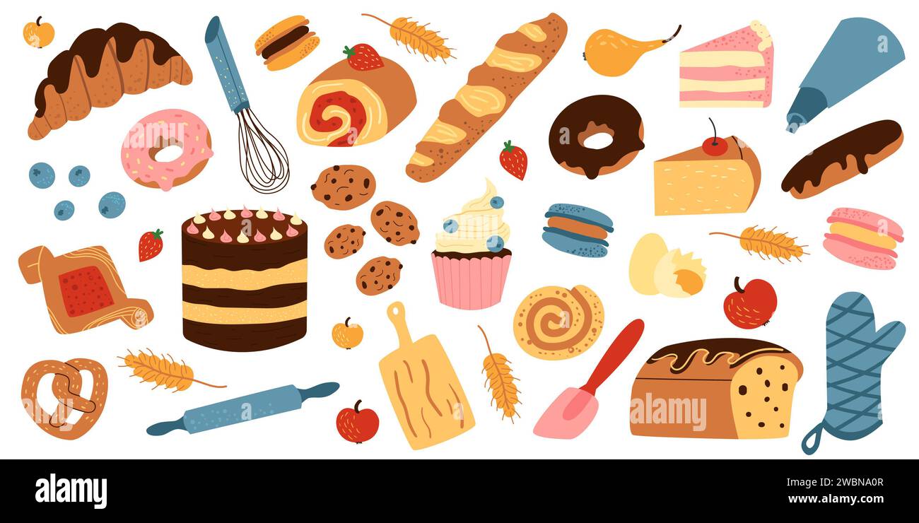 Set vettoriale con dolci dolci in stile cartone animato. Prodotti e dispositivi da forno - baguette francese, ciambelle, croissant, panini, torte, biscotti, eclair, macaron, tazza Foto Stock