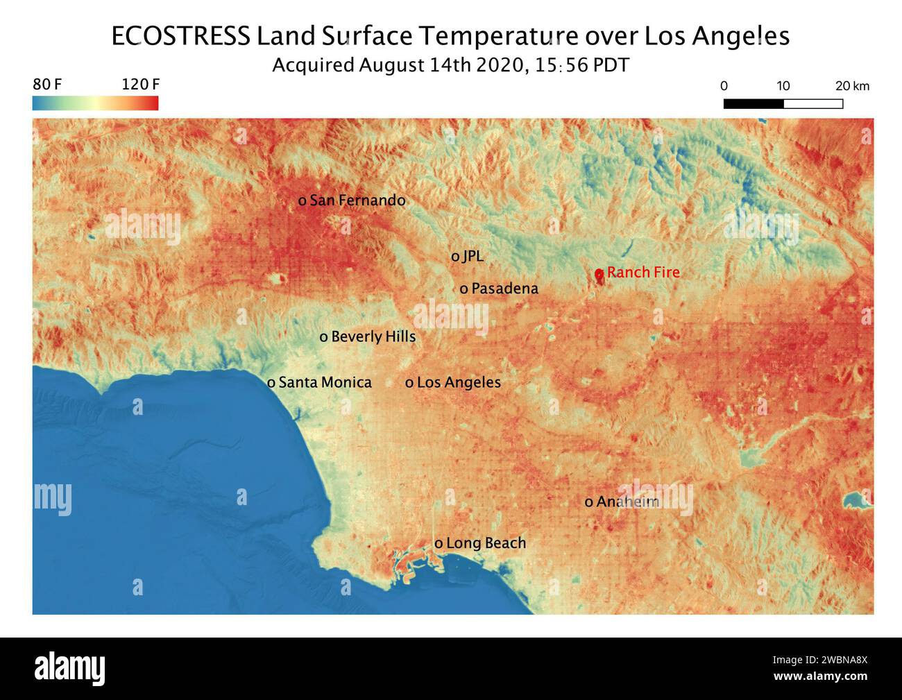 Questa mappa della temperatura mostra le temperature della superficie terrestre in tutta la contea di Los Angeles il 14 agosto 2020. L'osservazione è stata resa possibile dall'Ecosystem Spaceborne Thermal Radiometer Experiment on Space Station (ECOSTRESS) della NASA, che ha misurato un picco di temperatura terrestre nella San Fernando Valley, a nord-ovest del centro di Los Angeles, di 128,3 gradi Fahrenheit (53,5 gradi Celsius). ECOSTRESS raccolse questi dati mentre la stazione spaziale passava sopra la California alle 15 56 circa PDT (6 56 p.m. EDT) durante un'onda di calore da record che ha afferrato la regione. L'incendio del ranch, che bruciò vicino a Th Foto Stock