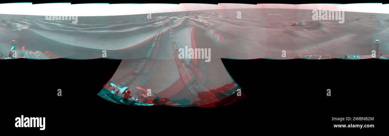 Il 7 aprile 2009, l'Opportunity rover della NASA viaggiò per 62,5 metri a sud dall'affioramento di Penrhyn verso l'Adventure Crater on Mars. Il rover aveva studiato Penrhyn per diversi sol, e l'immagine della guida richiede occhiali 3D per una corretta visualizzazione. Foto Stock