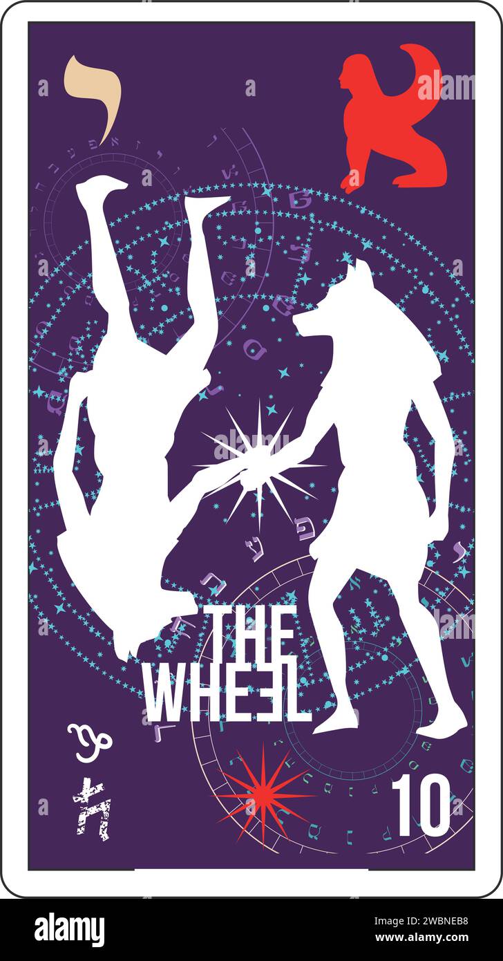 La carta dei tarocchi egiziani numero dieci chiamata The Wheel. Dio Anubis duplicato. Illustrazione Vettoriale
