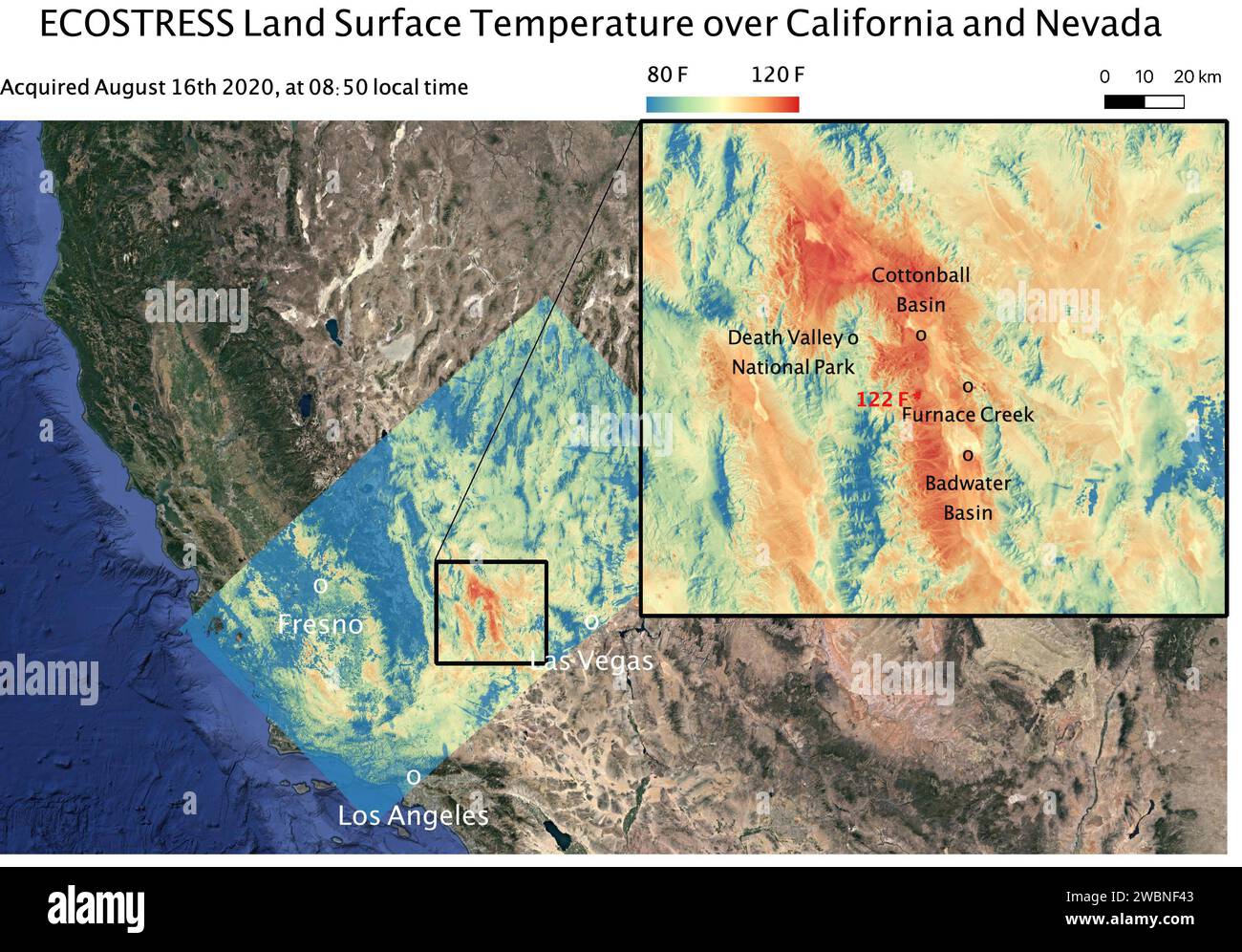 Questa mappa della temperatura mostra le temperature della superficie terrestre intorno alla Death Valley nel deserto del Mojave in California il 16 agosto 2020. L'osservazione è stata resa possibile dall'Ecosystem Spaceborne Thermal Radiometer Experiment on Space Station (ECOSTRESS) della NASA, che ha misurato una temperatura superficiale massima di 122,52 gradi Fahrenheit (50,29 gradi Celsius) vicino a Furnace Creek. ECOSTRESS ha raccolto questi dati quando la stazione spaziale ha superato la California alle 8 50 circa PDT (11 50 EDT) durante un'onda di calore da record che ha afferrato la regione. Con una risoluzione di circa 77 per 77 iarde (70 per 70 me Foto Stock