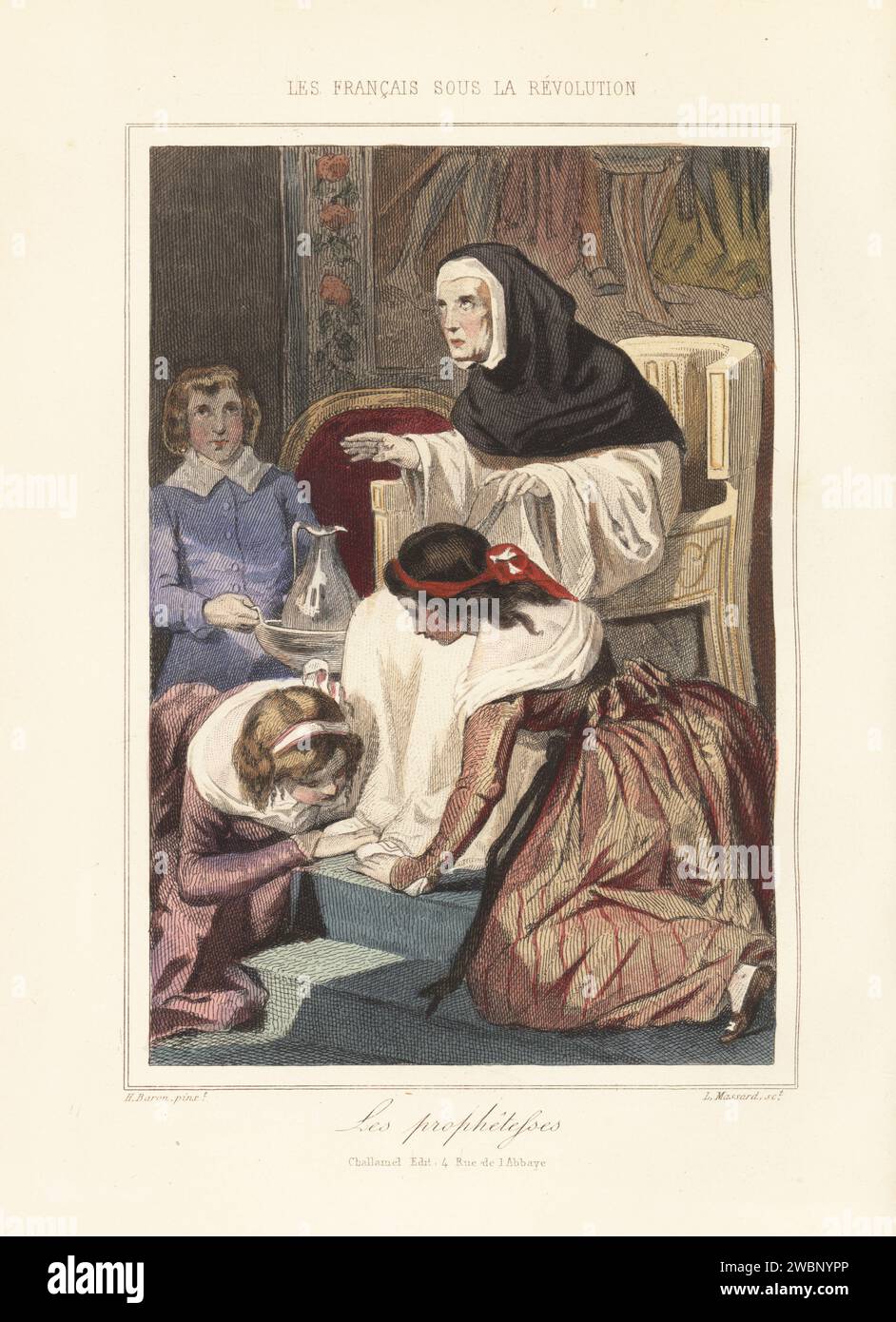 Clotilde Labrousse, o Suzette, profetessa rivoluzionaria, 1747-1821. Due nobili donne baciano i piedi del visionario nella grande casa della mistica duchessa di Borbone, Marie-Adelaide de Bourbon. Les Prophetesses. Incisione in acciaio colorato a mano di Leopold Massard su un'illustrazione di Henri Baron di Augustin Challamel e Les Francais sous la Revolution di Wilhelm Tenint, i francesi sotto la Rivoluzione, Challamel, Parigi, 1843. Foto Stock