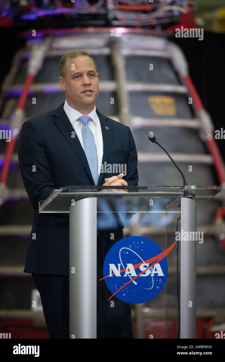 L'amministratore della NASA Jim Bridenstine presentò la proposta di bilancio per l'anno fiscale 2021 durante l'intervento dello Stato della NASA il 10 febbraio 2020, presso Aerojet Rocketdyne vicino a Bay St. Louis, Mississippi. Foto Stock