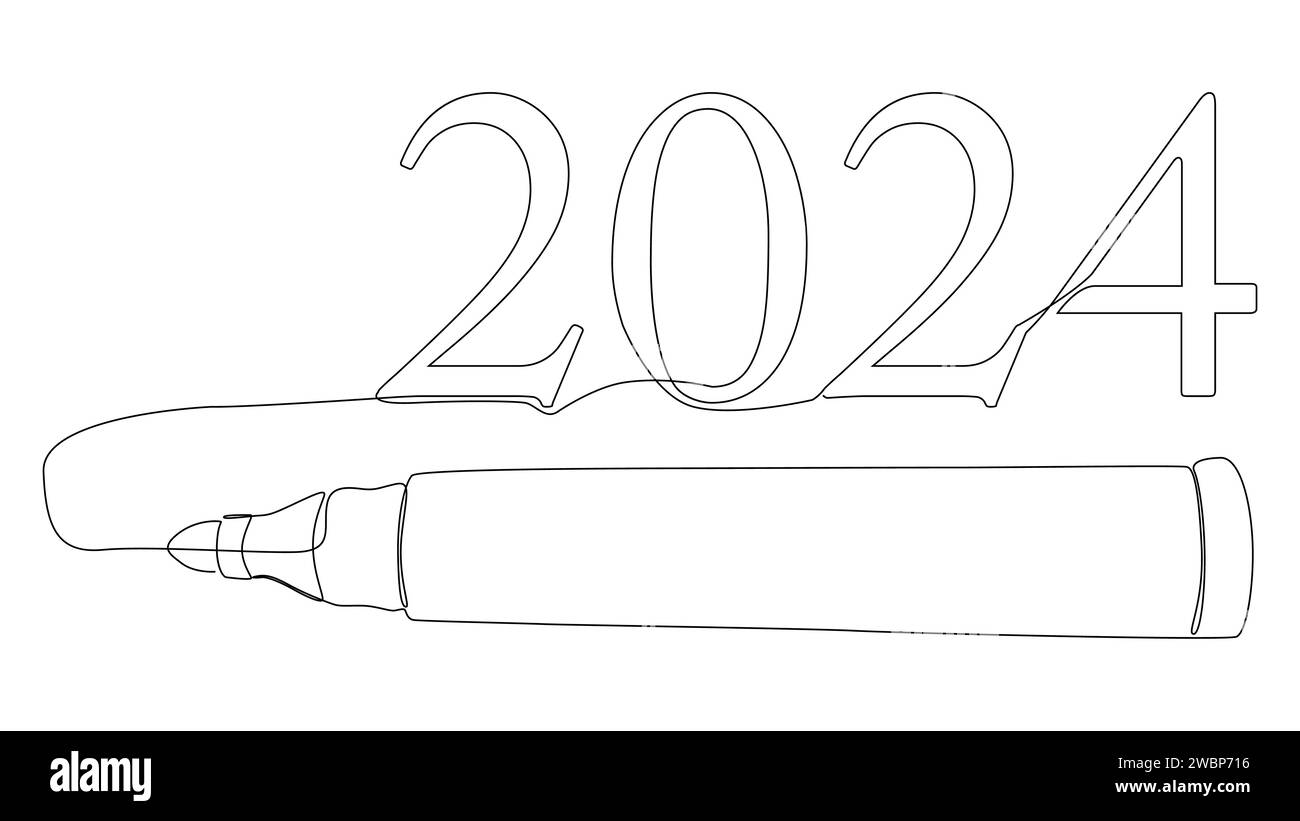 Una riga continua del numero 2024 scritta da con pennarello. Concetto vettoriale illustrazione a linee sottili. Idee creative per disegnare contorni. Illustrazione Vettoriale