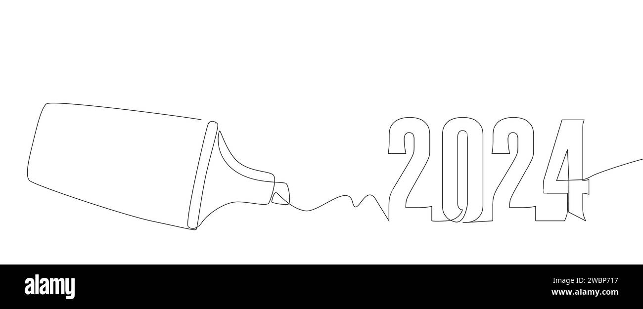 Una riga continua del numero 2024 scritta da con pennarello. Concetto vettoriale illustrazione a linee sottili. Idee creative per disegnare contorni. Illustrazione Vettoriale