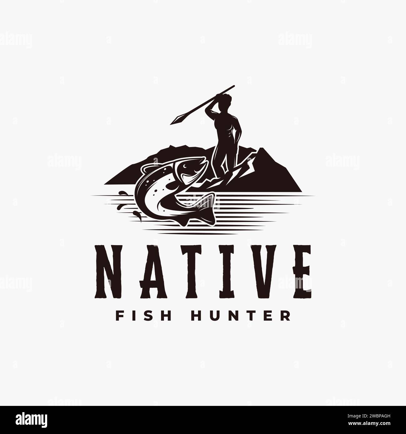 Logo vintage del cacciatore nativo con un vettore di illustrazione del pesce mirato su sfondo bianco Illustrazione Vettoriale