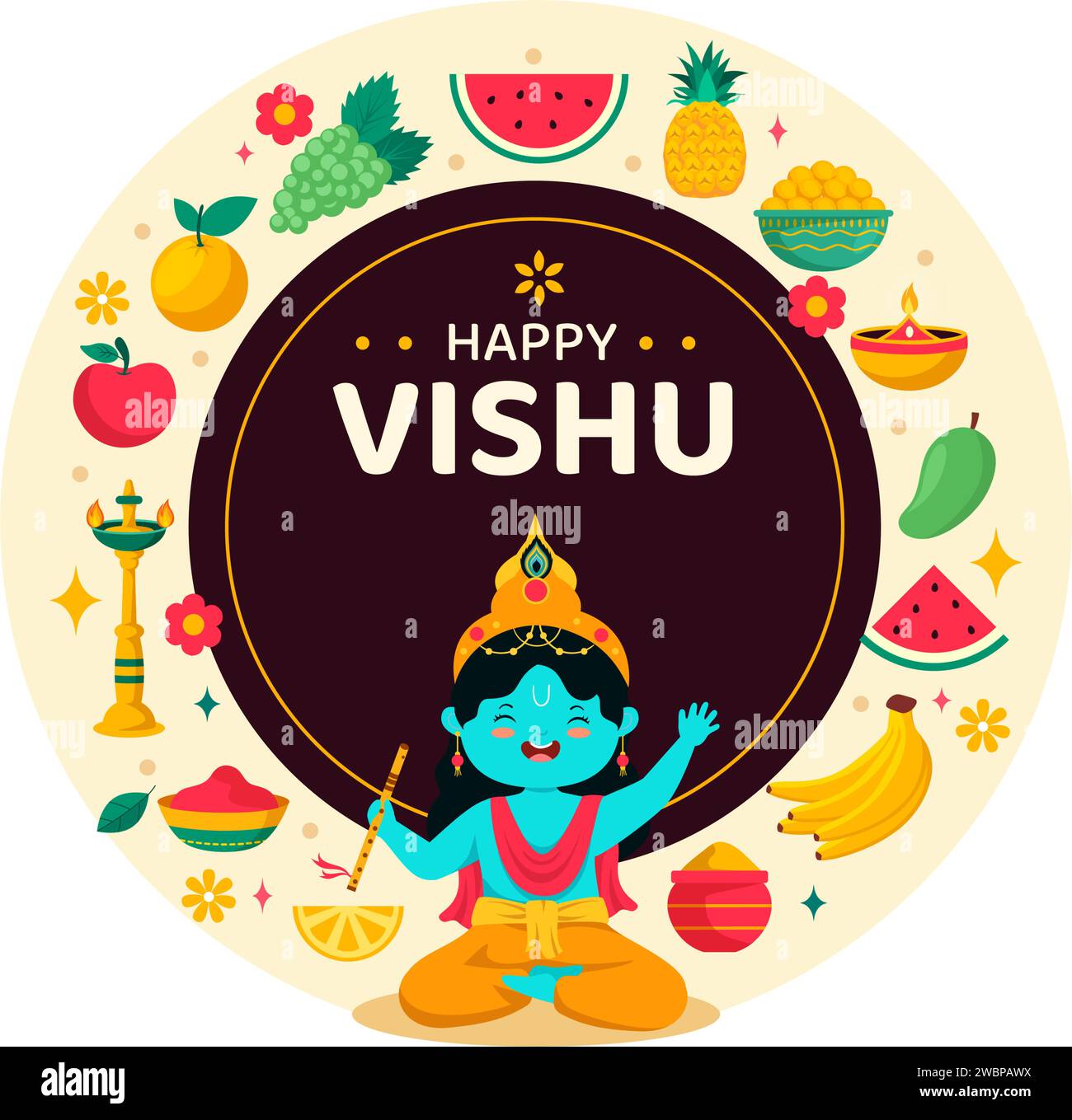 Happy Vishu Festival illustrazione vettoriale con Krishna, Kani tradizionali del Kerala, frutta e verdura su sfondo piatto di cartoni animati delle feste nazionali Illustrazione Vettoriale