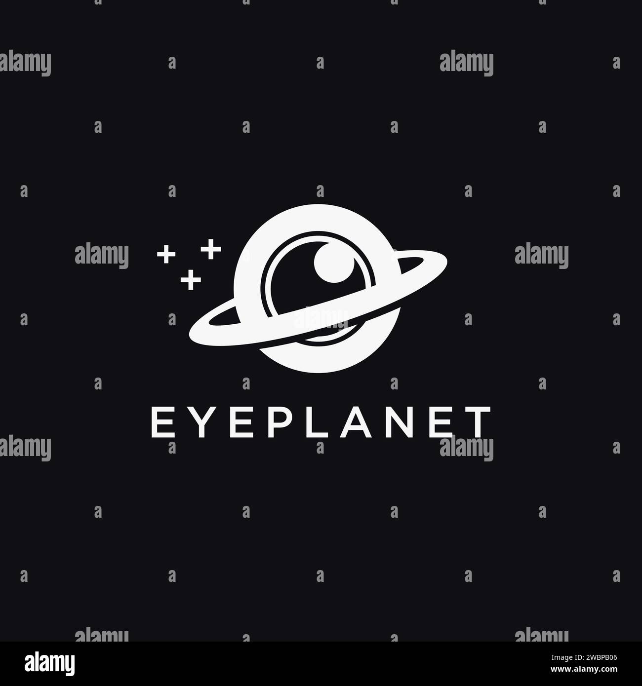 Fun Eye e vettore dell'icona del logo ring of Planet su sfondo nero Illustrazione Vettoriale
