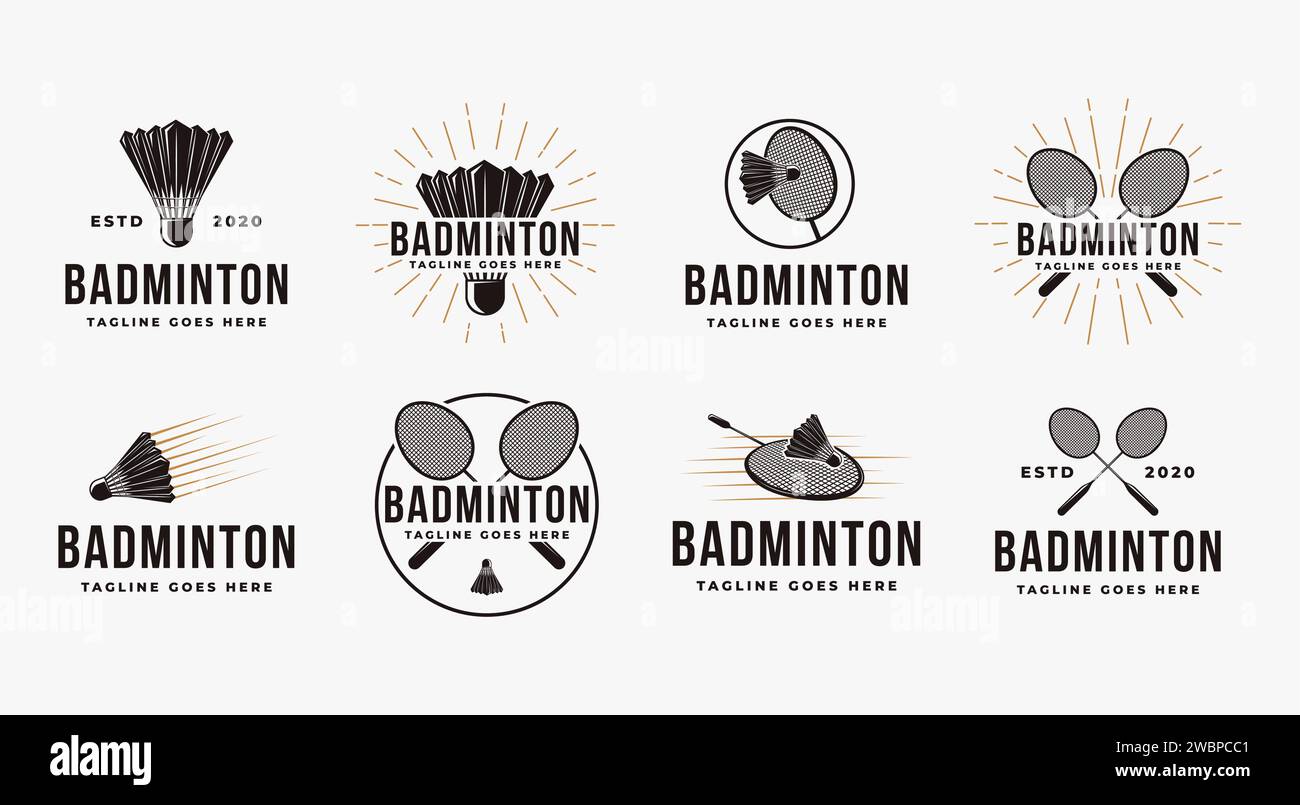 Set di logo Vintage badminton con volano e icona a forma di racchetta Illustrazione Vettoriale