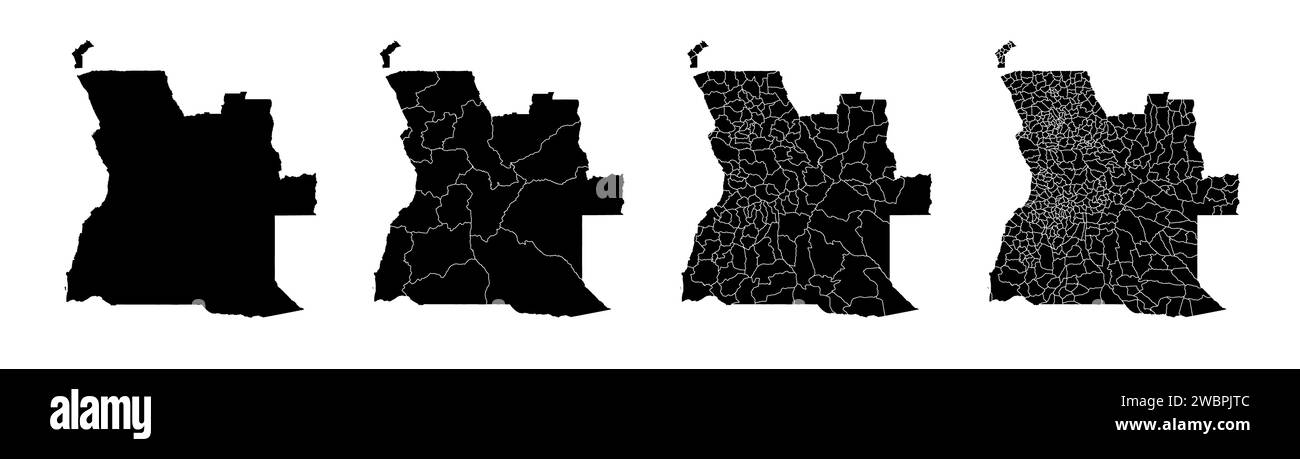 Insieme di mappe di stato dell'Angola con la divisione delle regioni e dei comuni. Confini del reparto, mappe vettoriali isolate su sfondo bianco. Illustrazione Vettoriale