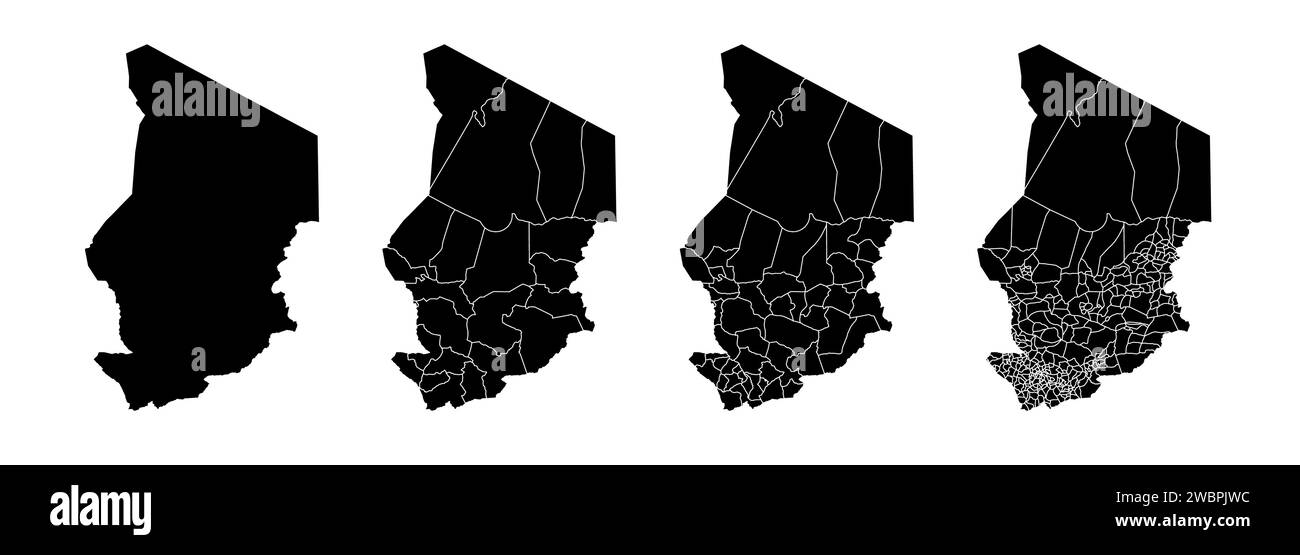 Insieme di mappe di stato del Ciad con la divisione delle regioni e dei comuni. Confini del reparto, mappe vettoriali isolate su sfondo bianco. Illustrazione Vettoriale