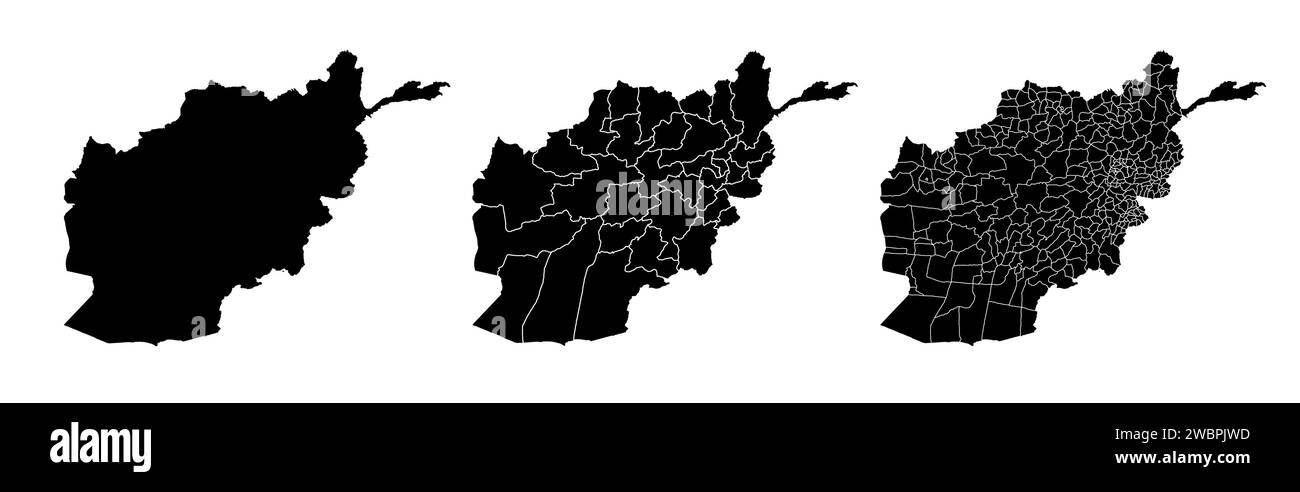 Insieme di mappe di stato dell'Afghanistan con la divisione regioni e comuni. Confini del reparto, mappe vettoriali isolate su sfondo bianco. Illustrazione Vettoriale