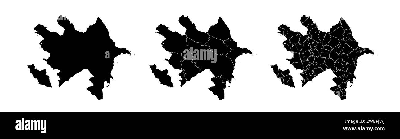 Insieme di mappe di stato dell'Azerbaigian con la divisione delle regioni e dei comuni. Confini del reparto, mappe vettoriali isolate su sfondo bianco. Illustrazione Vettoriale