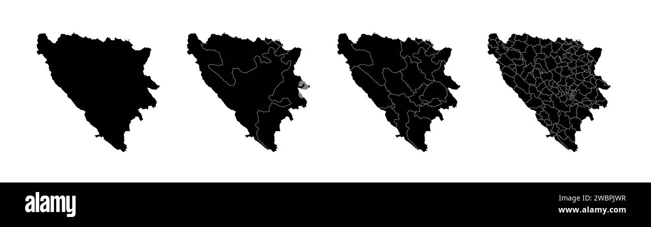 Serie di mappe di stato della Bosnia-Erzegovina con la divisione regioni e comuni. Confini del reparto, mappe vettoriali isolate su sfondo bianco. Illustrazione Vettoriale