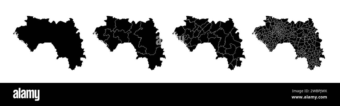 Serie di mappe di stato della Guinea con la divisione delle regioni e dei comuni. Confini del reparto, mappe vettoriali isolate su sfondo bianco. Illustrazione Vettoriale