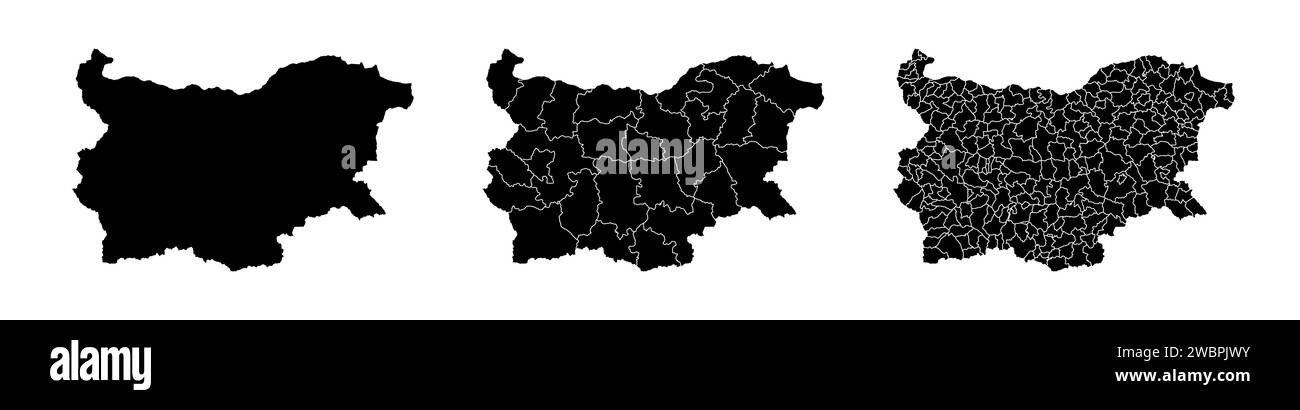 Insieme di mappe di stato della Bulgaria con la divisione delle regioni e dei comuni. Confini del reparto, mappe vettoriali isolate su sfondo bianco. Illustrazione Vettoriale