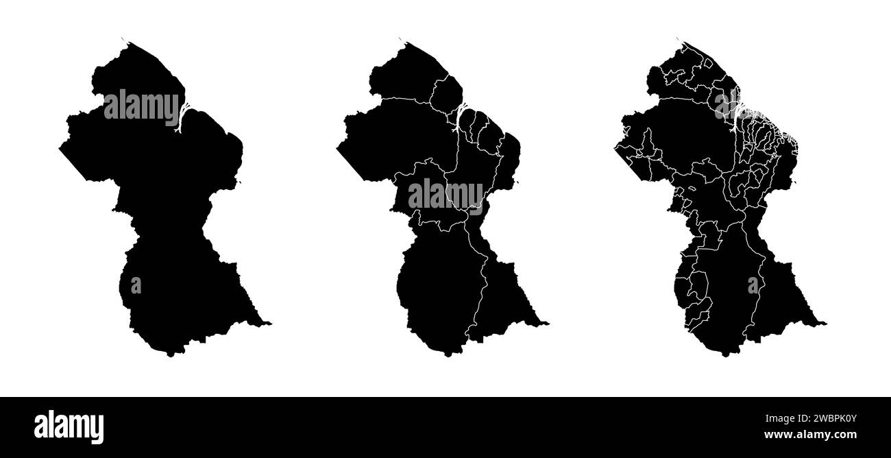 Insieme di mappe di stato della Guyana con la divisione di regioni e comuni. Confini del reparto, mappe vettoriali isolate su sfondo bianco. Illustrazione Vettoriale