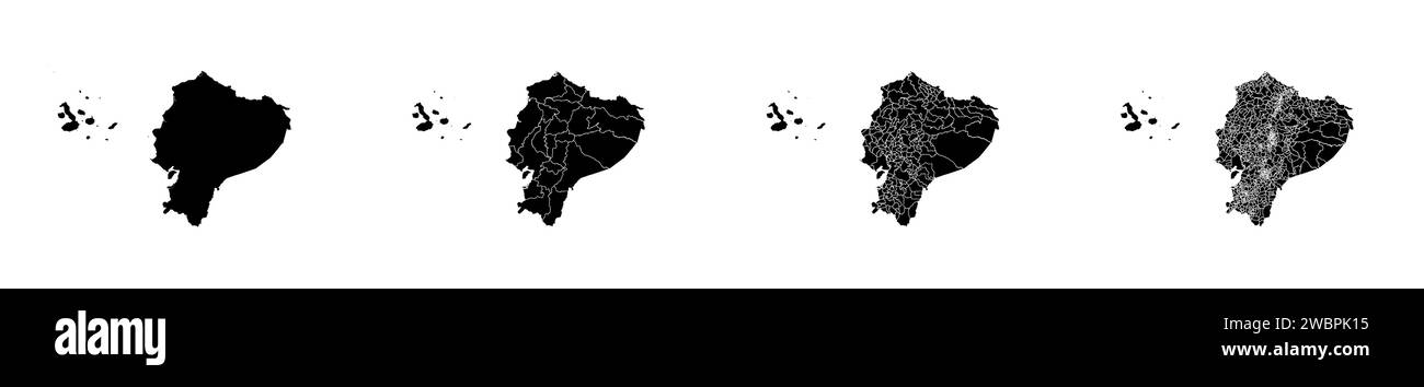 Insieme di mappe di stato dell'Ecuador con la divisione di regioni e comuni. Confini del reparto, mappe vettoriali isolate su sfondo bianco. Illustrazione Vettoriale