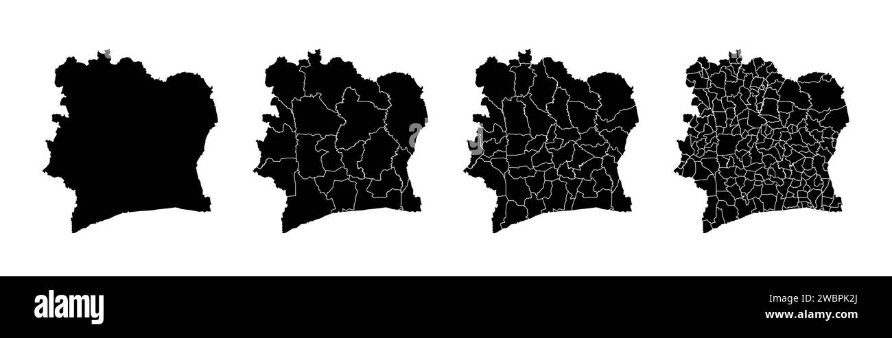 Insieme di mappe di stato della Costa d'Avorio con la divisione delle regioni e dei comuni. Confini del reparto, mappe vettoriali isolate su sfondo bianco. Illustrazione Vettoriale