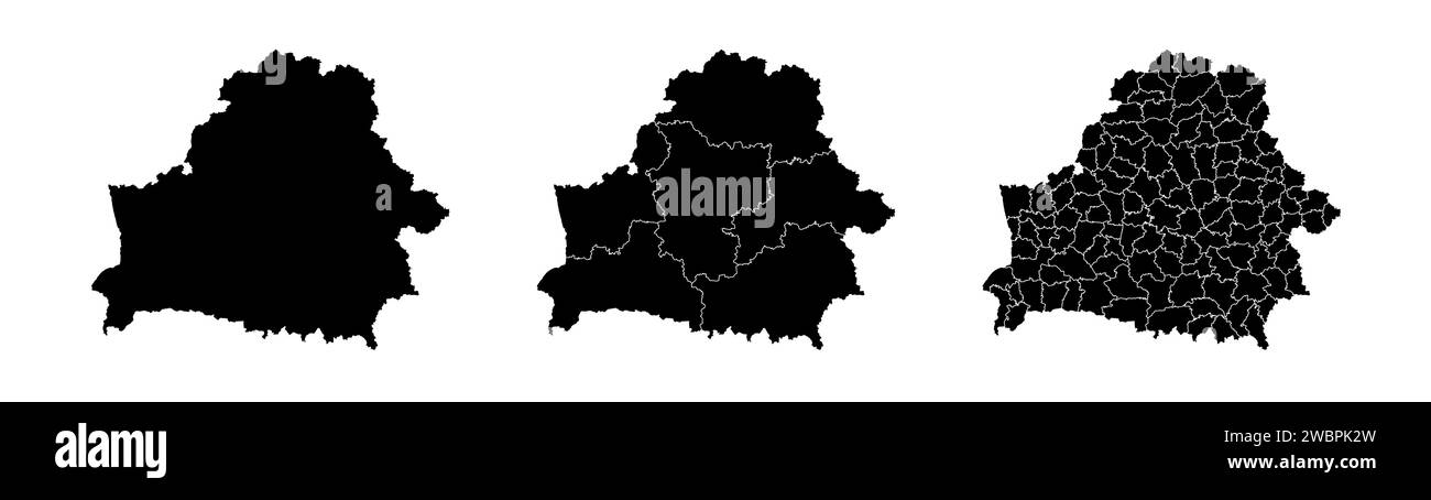 Insieme di mappe di stato della Bielorussia con la divisione regioni e comuni. Confini del reparto, mappe vettoriali isolate su sfondo bianco. Illustrazione Vettoriale
