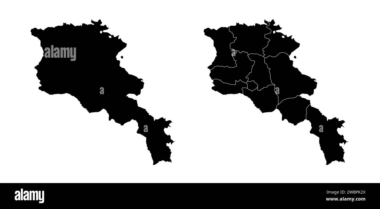 Serie di mappe di stato dell'Armenia con la divisione delle regioni e dei comuni. Confini del reparto, mappe vettoriali isolate su sfondo bianco. Illustrazione Vettoriale