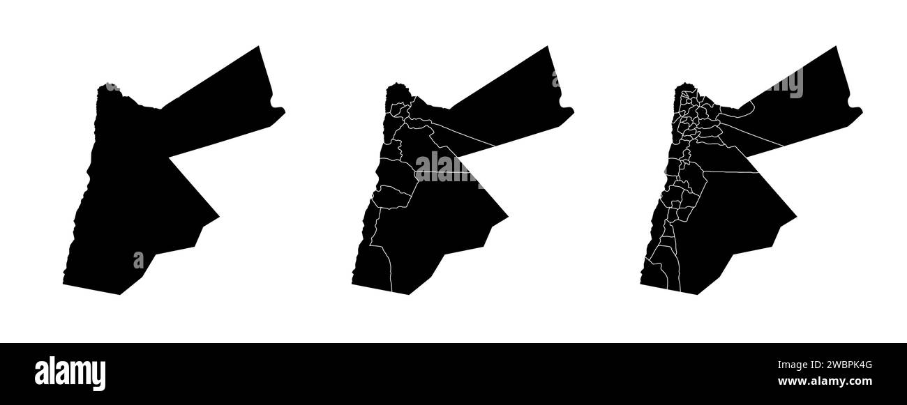 Insieme di mappe statali della Giordania con la divisione delle regioni e dei comuni. Confini del reparto, mappe vettoriali isolate su sfondo bianco. Illustrazione Vettoriale