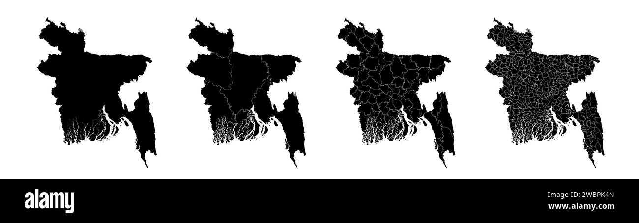 Insieme di mappe di stato del Bangladesh con la divisione di regioni e comuni. Confini del reparto, mappe vettoriali isolate su sfondo bianco. Illustrazione Vettoriale