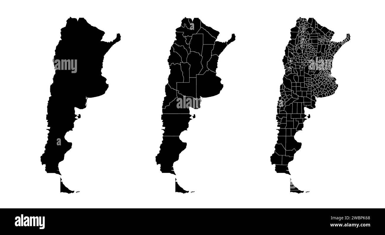 Insieme di mappe di stato dell'Argentina con la divisione di regioni e comuni. Confini del reparto, mappe vettoriali isolate su sfondo bianco. Illustrazione Vettoriale
