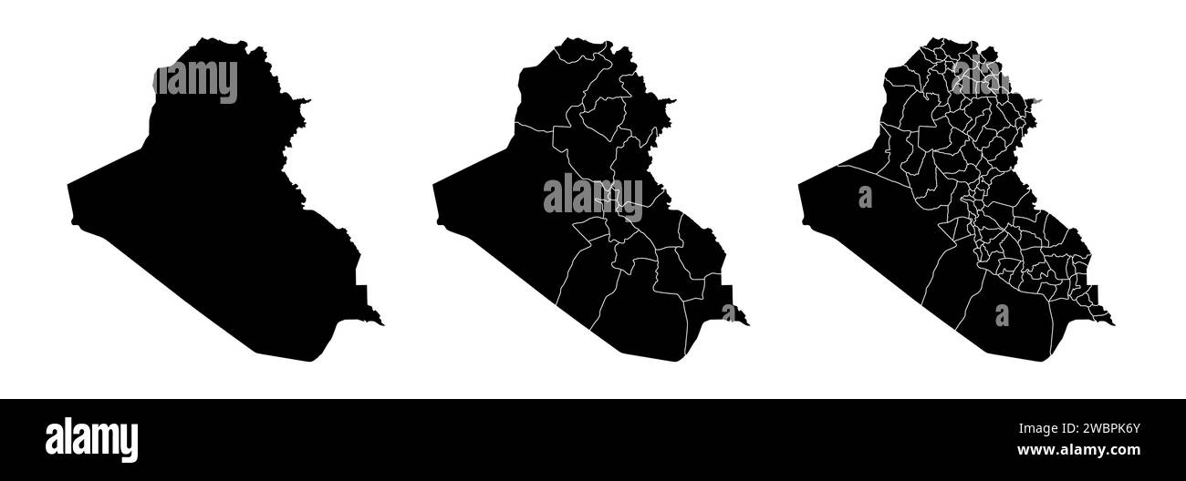 Insieme di mappe di stato dell'Iraq con la divisione di regioni e comuni. Confini del reparto, mappe vettoriali isolate su sfondo bianco. Illustrazione Vettoriale