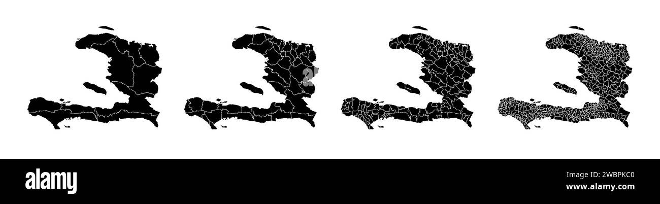 Insieme di mappe di stato di Haiti con la divisione regioni e comuni. Confini del reparto, mappe vettoriali isolate su sfondo bianco. Illustrazione Vettoriale