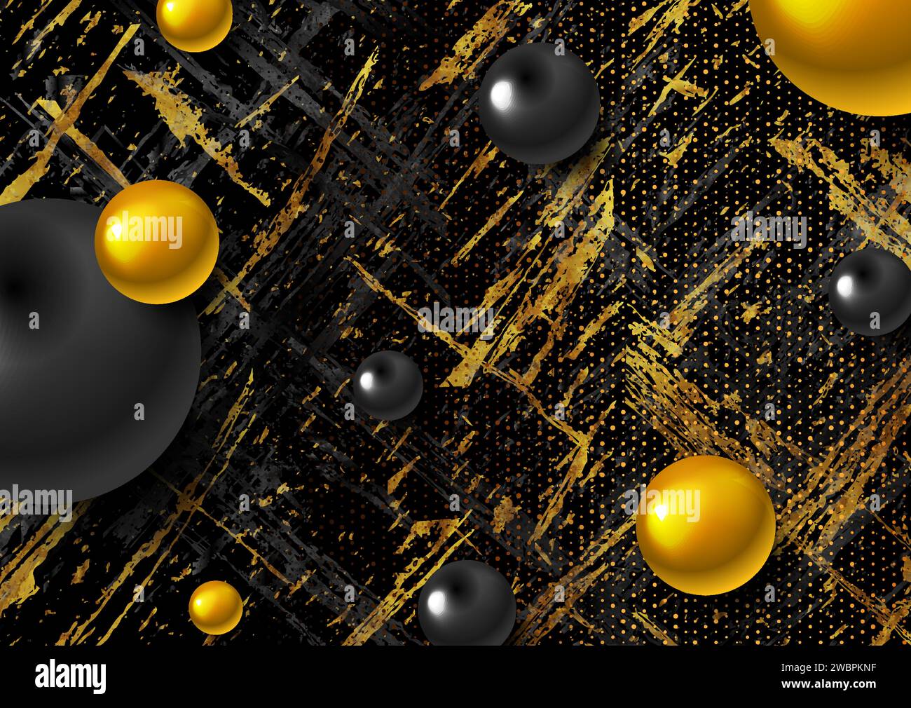 Sfondo astratto con texture geometrica in marmo grunge nero e dorato con sfere. Progettazione vettoriale Illustrazione Vettoriale