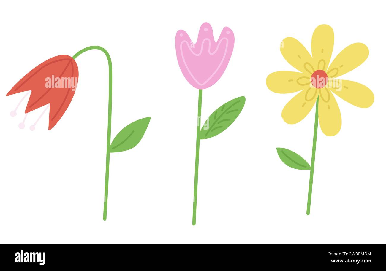 Set illustrazioni vettori di fiori astratti. Piante in fiore di Doodle piatte composizione semplice. Elemento di progettazione isolato Illustrazione Vettoriale