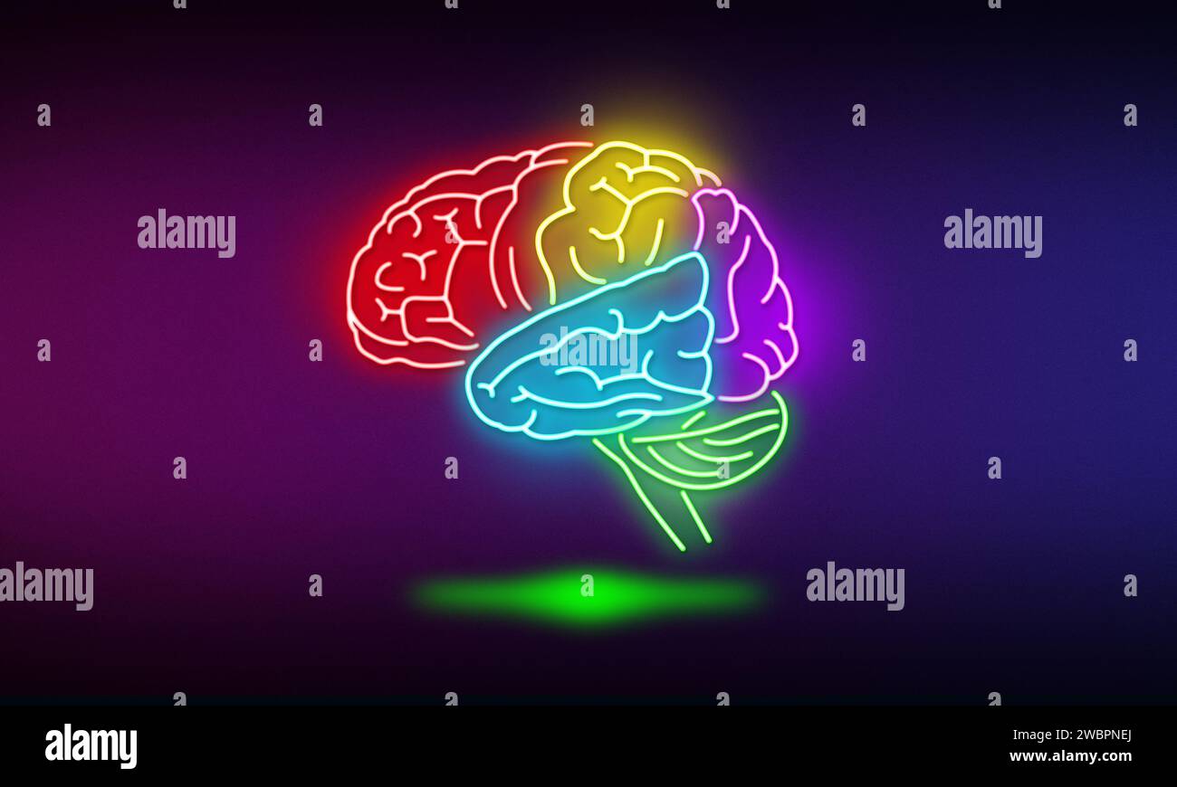 Illustrazione dei lobi del cervello con luce al neon brillante Foto Stock