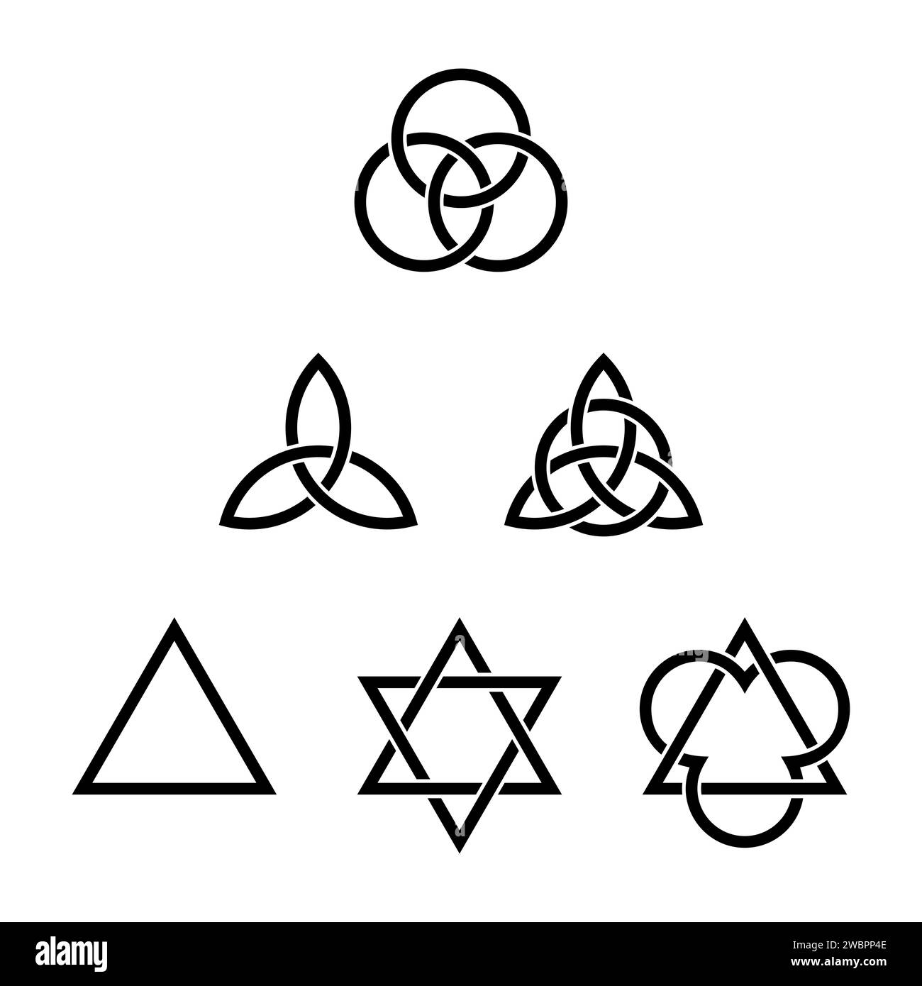 Sei simboli della Trinità. Antichi simboli cristiani, formati da triangoli interlacciati, triquetras celtici e cerchi. Foto Stock