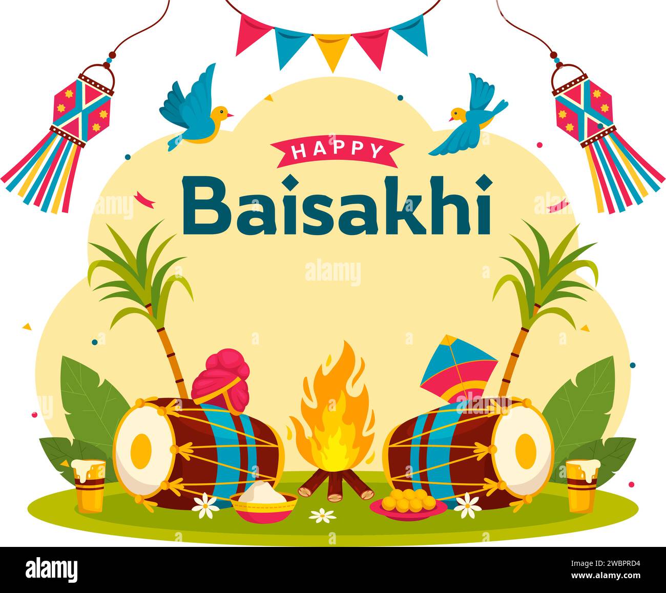 Happy Baisakhi Vector Illustration of Vaisakhi Punjabi Spring Harvest Festival of Sikh Celebration with Drum and Kite in Holiday Cartoon background Illustrazione Vettoriale