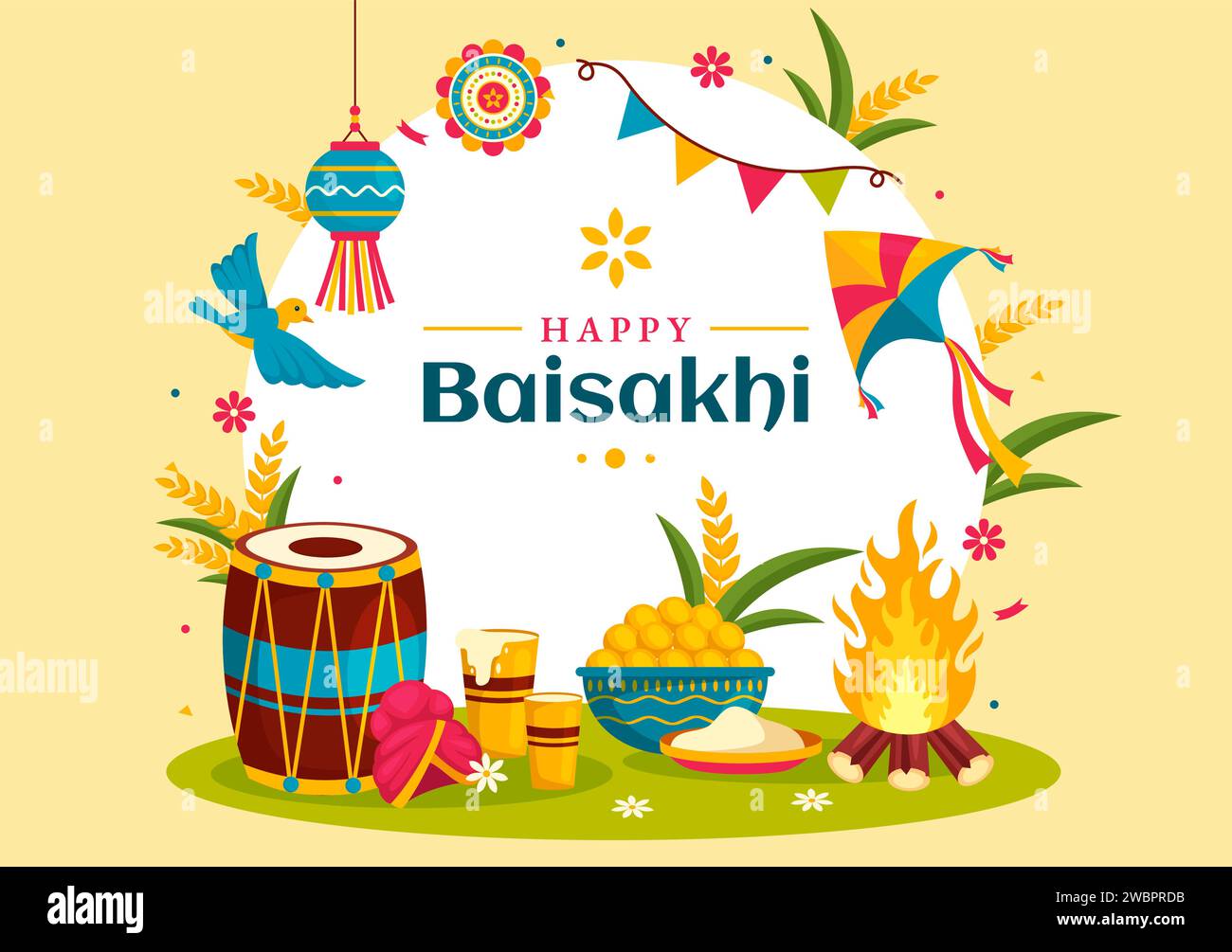 Happy Baisakhi Vector Illustration of Vaisakhi Punjabi Spring Harvest Festival of Sikh Celebration with Drum and Kite in Holiday Cartoon background Illustrazione Vettoriale