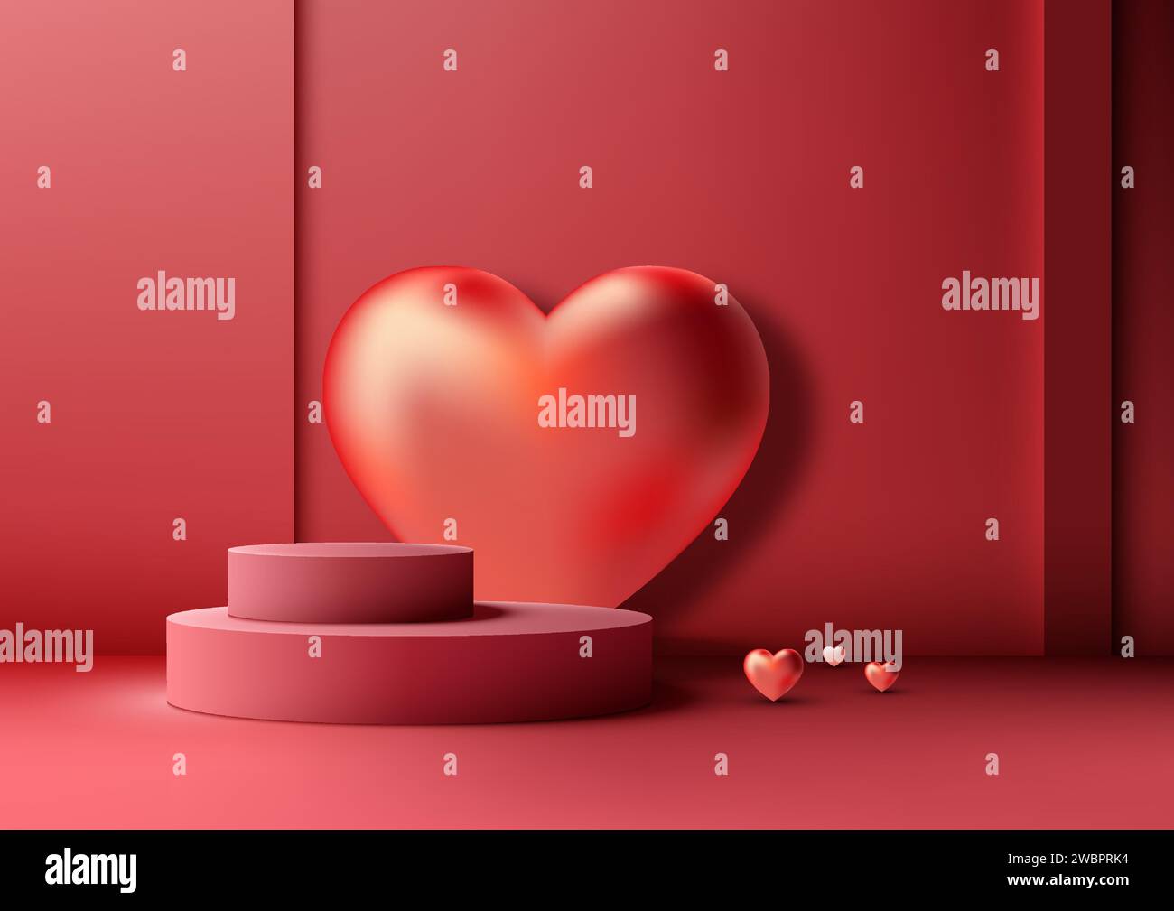 San Valentino con questo modello 3D rosso sul podio. Cuori con sfondo lucido, perfetto per mostrare prodotti, marchi o messaggi romantici. Vettore Illustrazione Vettoriale